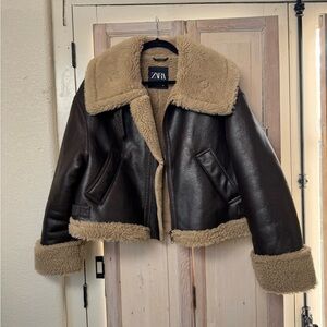 NEW ZARA BROWN DOUBLE FAUX LEATHER SHEARLING FUR CROP AVIATOR JACKET COAT  M